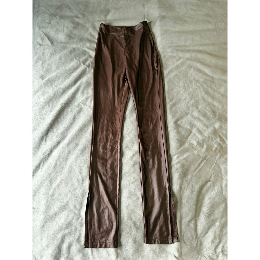 SBetro Brown Faux Leather‎ High Waisted Leggings Ankle Slits Size S Womens